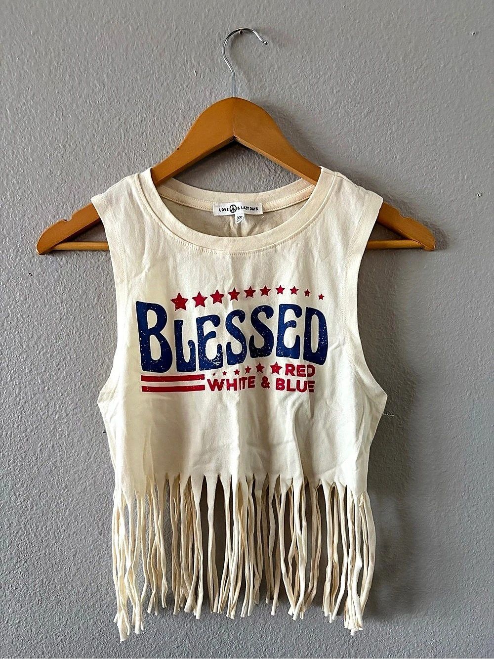 Love & Lazy Days Blessed Red White & Blue Fringe Crop Tank Top